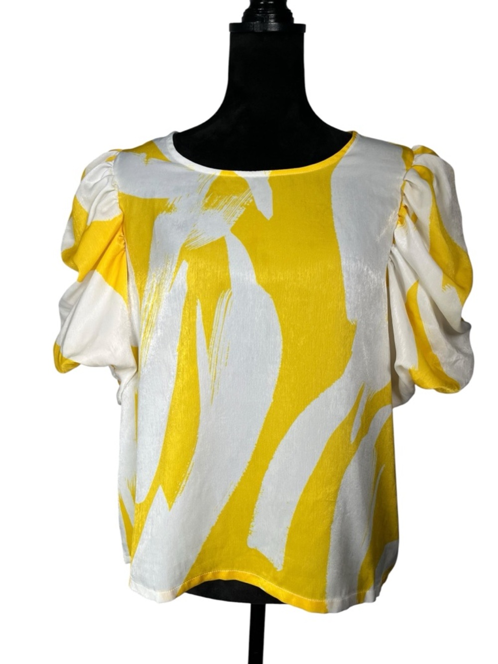 DKNY Yellow White Puff Sleeve Blouse Abstract Short Ballon Sleeve Silky Top